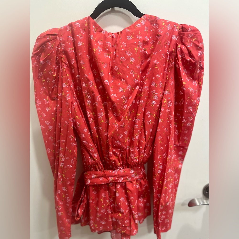 ZARA Red Floral Print Top Blouse With Belt Puff Shoulder - Picture 6 of 6